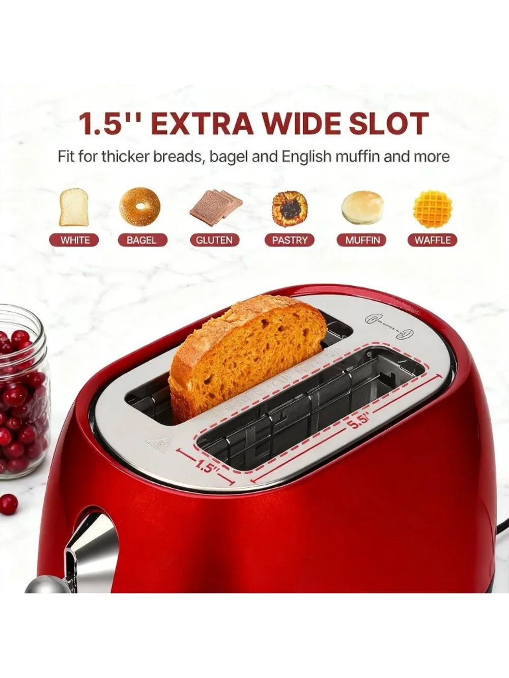 2 Slice Red Touch Screen Retro 1.5'' Extra Wide Slot Stainless Steel Toaster